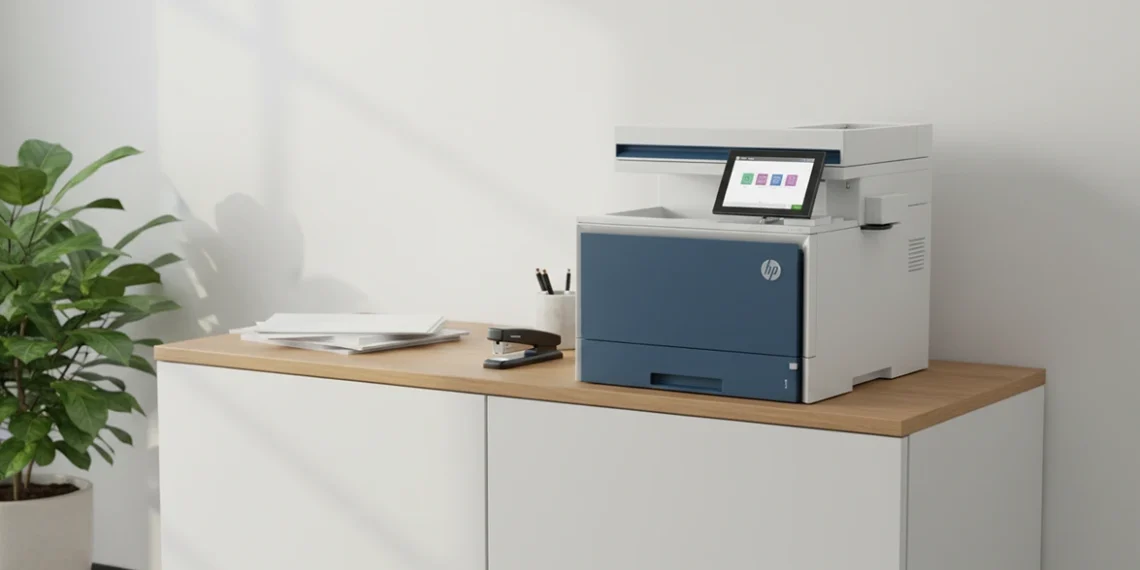 HP Color LaserJet 5800dn on a sturdy office cabinet.