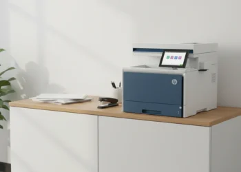 HP Color LaserJet 5800dn on a sturdy office cabinet.
