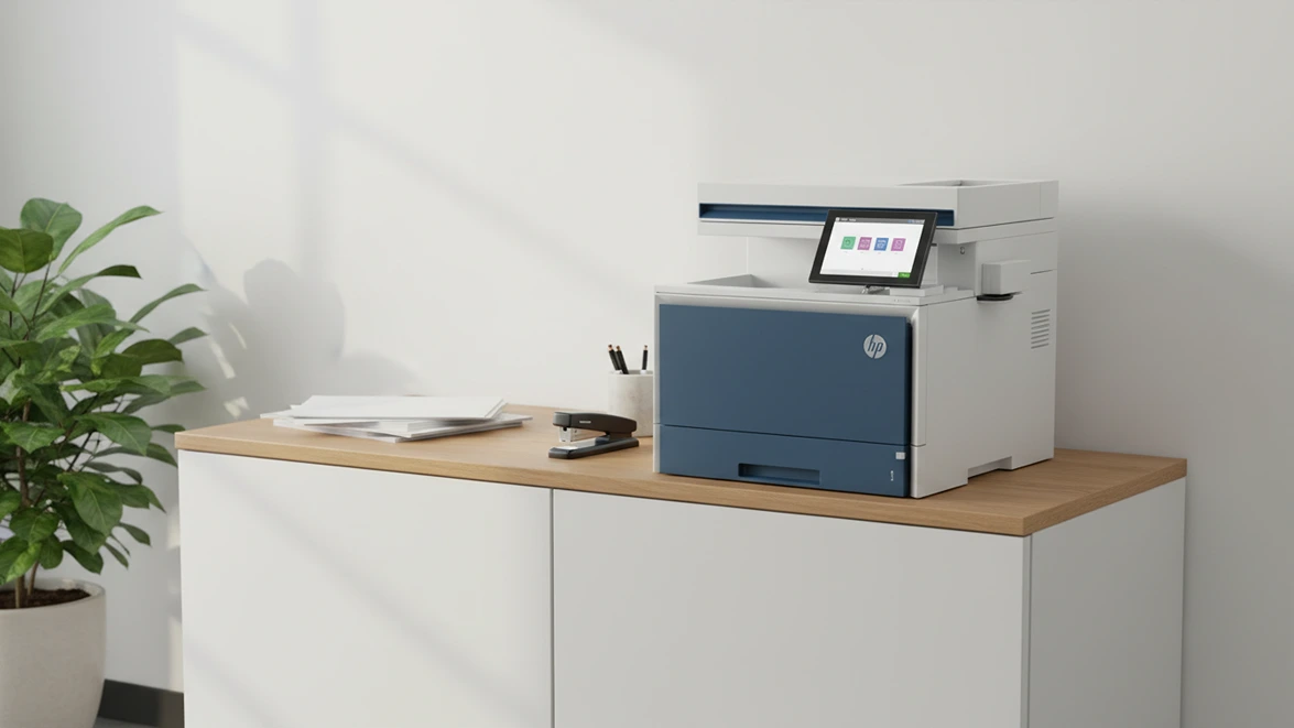 HP Color LaserJet 5800dn on a sturdy office cabinet.