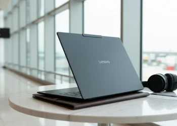 Rear view of an open Lenovo Yoga Slim 7x in Cosmic Blue on a marble table in a sunlit airport lounge.