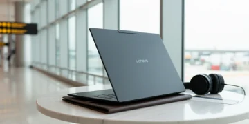 Rear view of an open Lenovo Yoga Slim 7x in Cosmic Blue on a marble table in a sunlit airport lounge.