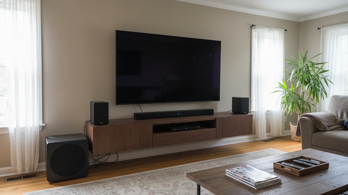 Wall-mounted flat-screen TV above a floating walnut media console with a soundbar, bookshelf speakers, and subwoofer in a naturally lit living room.