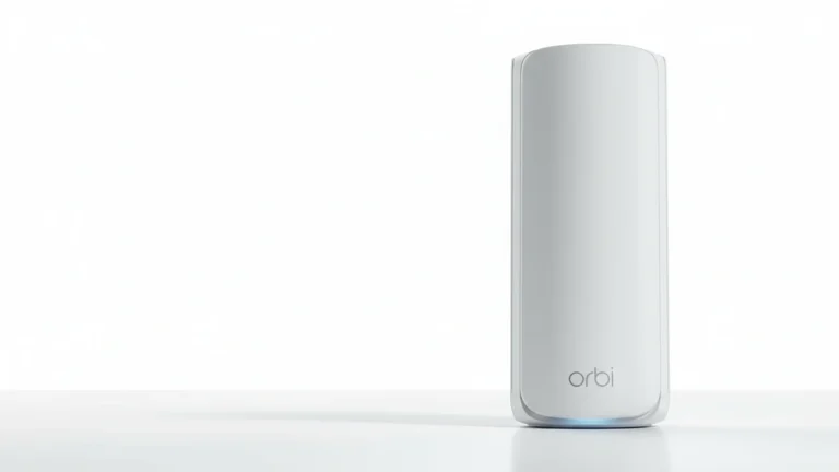 White Netgear Orbi mesh router unit standing on a white surface against a bright white studio background.