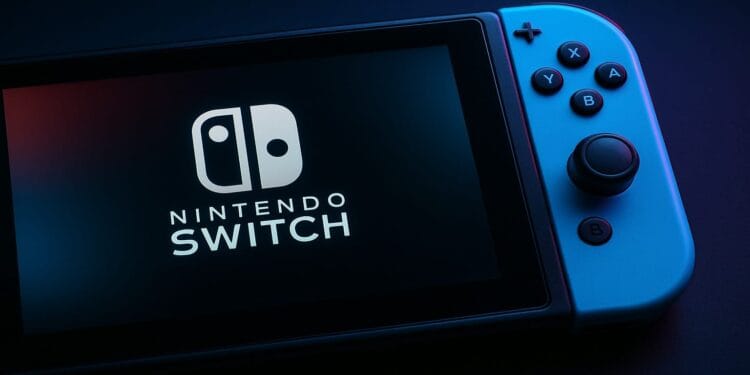 Nintendo Switch console showing white logo on a dark screen.