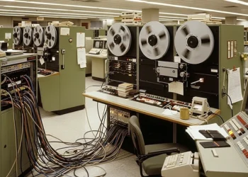 Vintage server room featuring a massive tangle of cables connecting a mainframe to a workstation, symbolizing outdated technology and hardware bottlenecks.