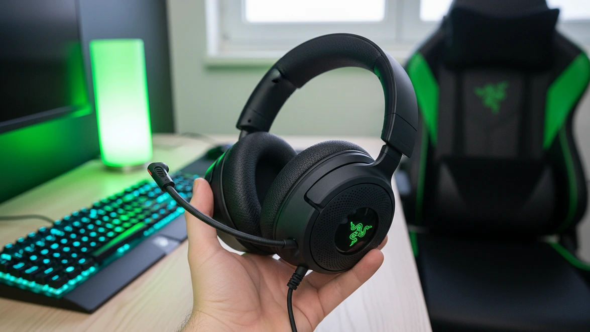 Hand holding a black Razer Kraken gaming headset with extended microphone and glowing RGB earcups against a bright gaming desk setup with green LED lighting.