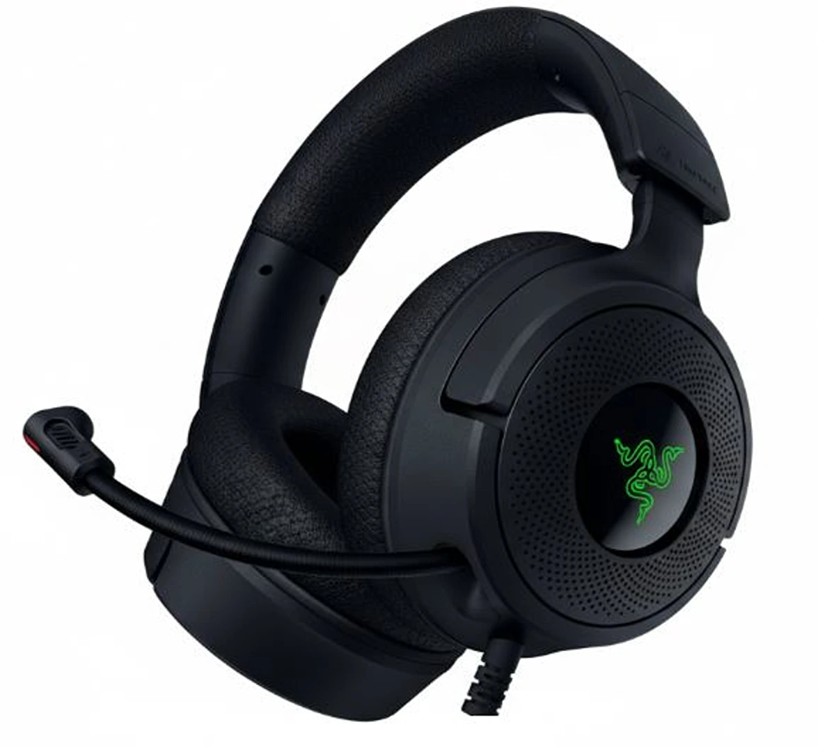 Razer Kraken V4 X wired gaming headset in black featuring memory foam cushions, retractable cardioid microphone, and glowing green RGB logo on the earcups.