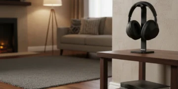 Black Sony wireless headphones on a minimalist stand atop a wooden side table in a warm living room.