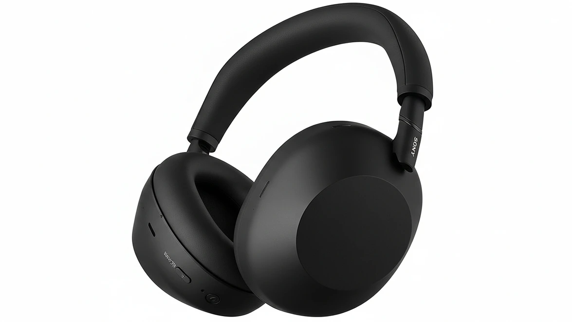 A three-quarter profile view of the black Sony WH-1000XM6 wireless over-ear headphones, highlighting their sleek, modern design.