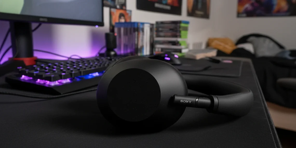 Black Sony WH-1000XM6 wireless headphones resting on a professional media desk for private listening.