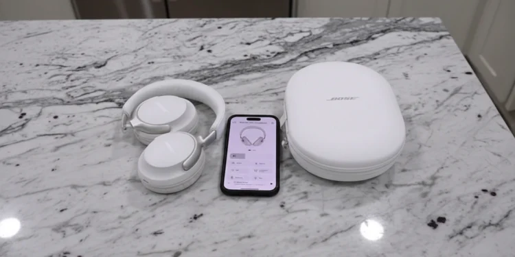White Bose over-ear headphones resting on a marble countertop next to a smartphone displaying the Bose Music app and a white hard-shell carrying case.