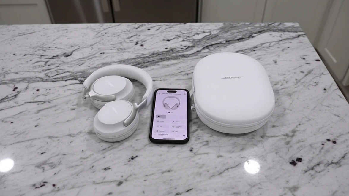 White Bose over-ear headphones resting on a marble countertop next to a smartphone displaying the Bose Music app and a white hard-shell carrying case.