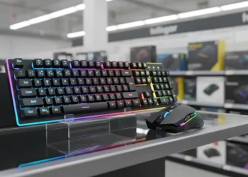 RedThunder K10 budget gaming keyboard and mouse on a store display stand.