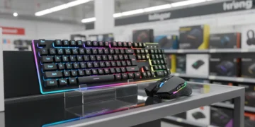 Wireless keyboard and mouse on a store display stand.