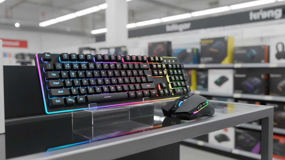 RedThunder K10 budget gaming keyboard and mouse on a store display stand.